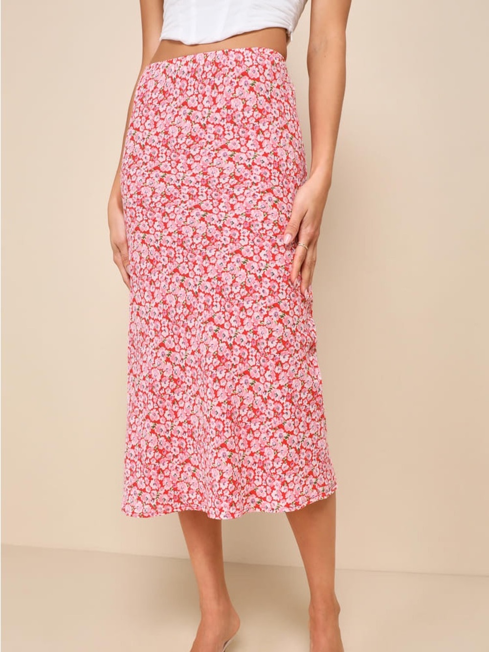 Lulus Ditsy Floral Print Midi Skirt High Waisted Slip Skirt Size L Red